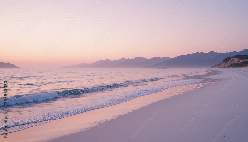 serene beach scene dawn, featuring gentle waves lapping against smooth sandy shore. soft pastel colors of sky reflect water, creating tranquil atmosphere. distant mountains add depth to landscape serene beach scene dawn, featuring gentle waves lapping against smooth sandy shore. soft pastel colors of sky reflect water, creating tranquil atmosphere. distant mountains add depth to landscape