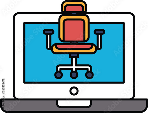 A laptop screen shows a chair with wheels and a red seat