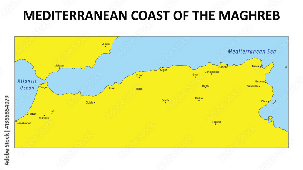 Obraz premium Mediterranean coast of the Maghreb Map. Major cities in Mediterranean coast of the Maghreb. Political map of Mediterranean coast of the Maghreb with border and neighbouring countries.