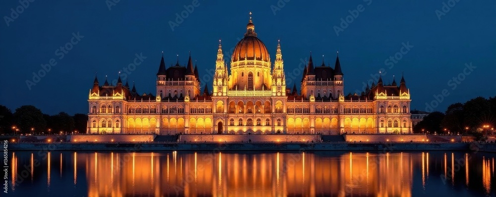 Naklejka premium Palace facade shimmering with reflected lights at night, lights, night photography, view