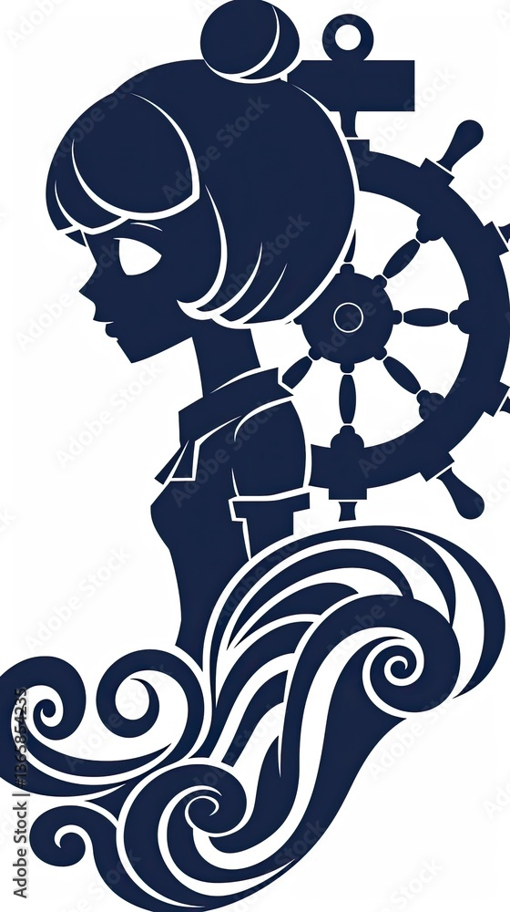 Fototapeta premium the silhouette of an anime girl with short hair and a ship's wheel behind her head
