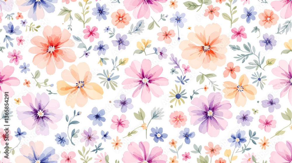 Fototapeta premium Watercolor floral seamless pattern with hand-painted blush pink flowers and green leaves on white background. Botanical print.