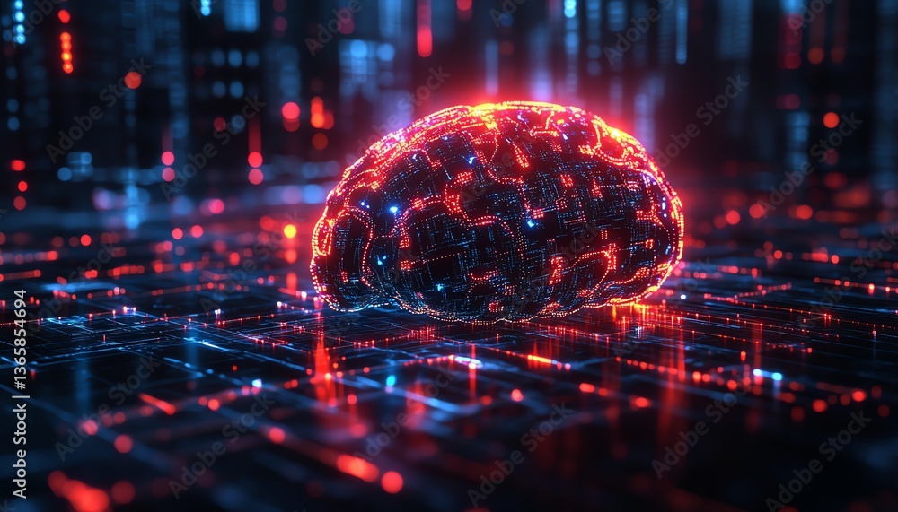 Digital brain with AI neural networks, glowing technological elements, hightech background with holographic data, virtual reality concept, futuristic atmosphere Digital brain with AI neural networks, glowing technological elements, hightech background with holographic data, virtual reality concept, futuristic atmosphere