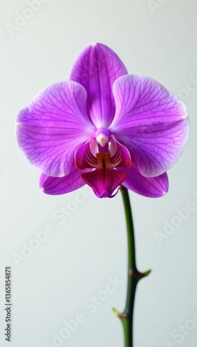 Vibrant purple orchid, petals unfurled, white backdrop, photography, white, studio shot