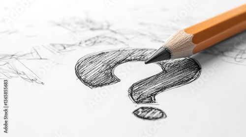 A detailed shot of an orange pencil sketching a bold question mark on a sheet of paper. The image highlights creativity, inquiry, and the process of finding solutions or posing questions.. AI