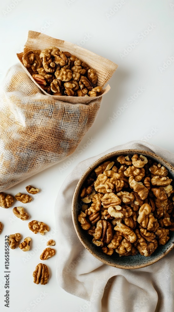 Delicious Walnuts in Bowl and Burlap Sack, Healthy Snack Food Photography Delicious Walnuts in Bowl and Burlap Sack, Healthy Snack Food Photography
