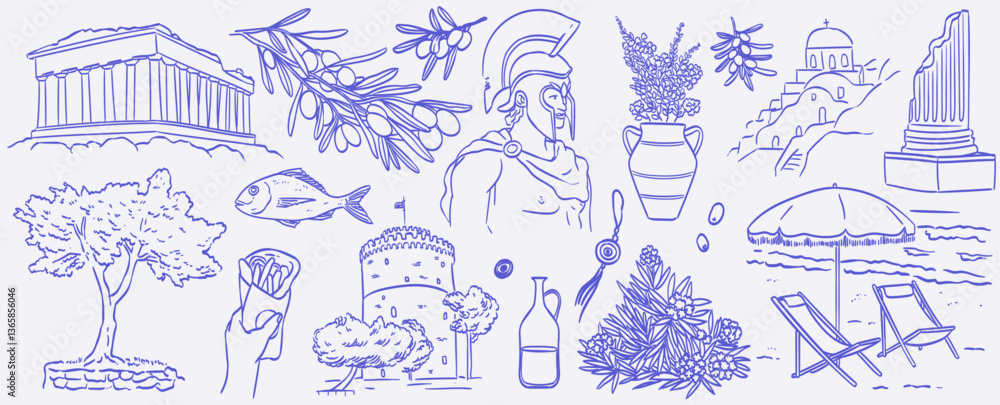 Fototapeta premium Greek coastal summer vacation doodle style illustration set. Ink line hand drawn Greece coast sea, architecture, ancient sights and statues. Sea weekend rest line art for invitations, cards, wedding.