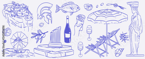 Greek coastal summer vacation doodle style illustration set. Ink line hand drawn Greece coast sea, architecture, flora and fauna. Sea weekend or rest line art for invitations, cards, wedding.