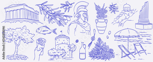 Greek coastal summer vacation doodle style illustration set. Ink line hand drawn Greece coast sea, architecture, ancient sights and statues. Sea weekend rest line art for invitations, cards, wedding.