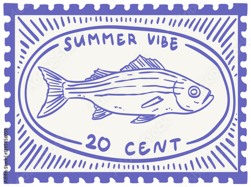 Vintage stamp or sticker print, wall art vector travel postcard, summer engraving placard or poster. Retro frame or border element design with fish perfect for interior design. Letter mail stamp.