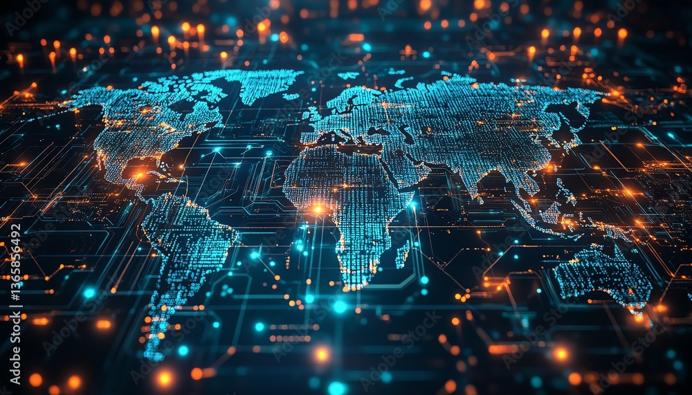 Fototapeta premium Highresolution digital world map with futuristic data visualization, glowing circuits, dynamic data connections, global tech network, modern interface design