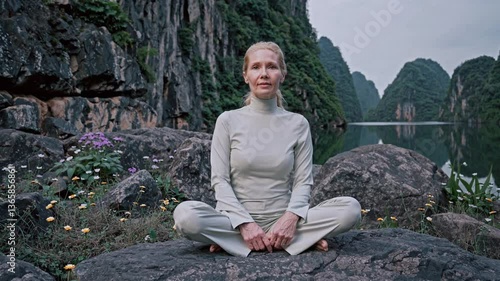 centered mature woman meditates and sits on the ground in the outdoors, cinematic composition with beautiful light, looking at the camera, beautiful nature