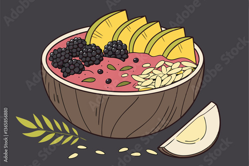 54 Vibrant smoothie bowl, coconut shell bowl, colorful fruit slices, mango, strawberries, blackberries, chia seeds, granola, acai base, dark moody background, food photography, high contrast, macro de