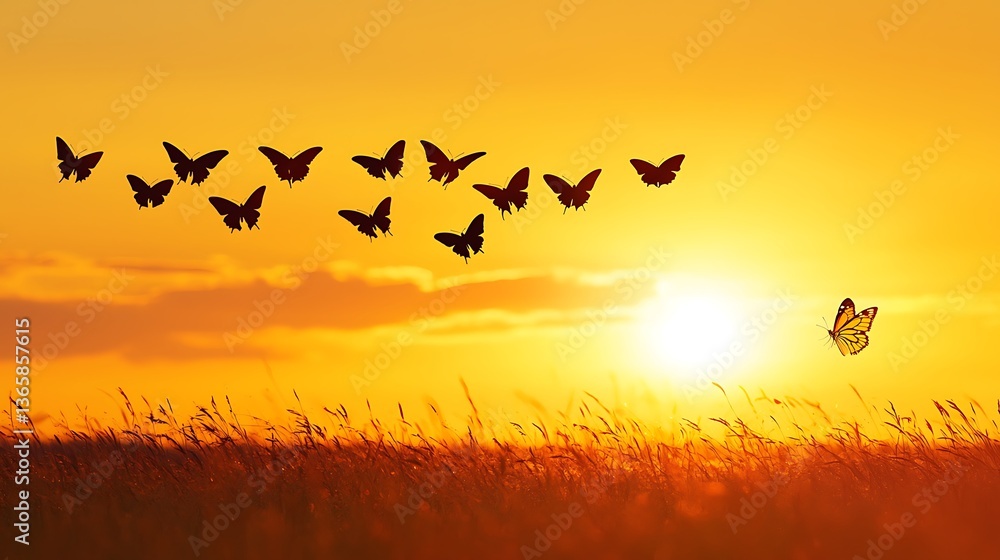 Fototapeta premium Butterflies taking flight at sunset