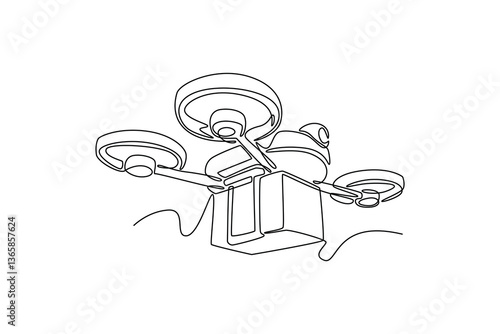 Spare part delivery drone at garage storage in leading automotive car service center for delivering. Technology in services concept. Single line draw design. Vector graphic illustration