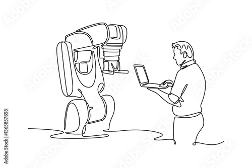Technician using laptop at robotic arm. Technology in services concept. Single line draw design. Vector graphic illustration