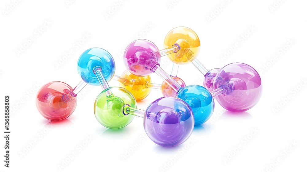 A cluster of colorful glass spheres connected by glass rods on white A cluster of colorful glass spheres connected by glass rods on white