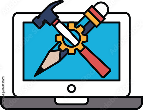 A laptop screen with a hammer and a pencil on it