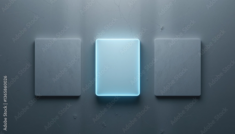 Illuminated square button concept minimalistic space graphic design modern environment straight-on view technology innovation Illuminated square button concept minimalistic space graphic design modern environment straight-on view technology innovation