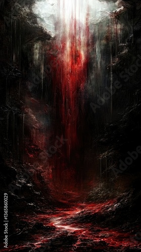 River of blood flows from light in a dark, cavernous landscape. Fantasy scene