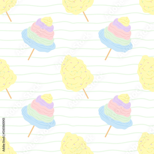 Seamless pattern with yellow and rainbow cotton candy on white striped background. For textiles, packaging, wallpapers, postcards or covers.