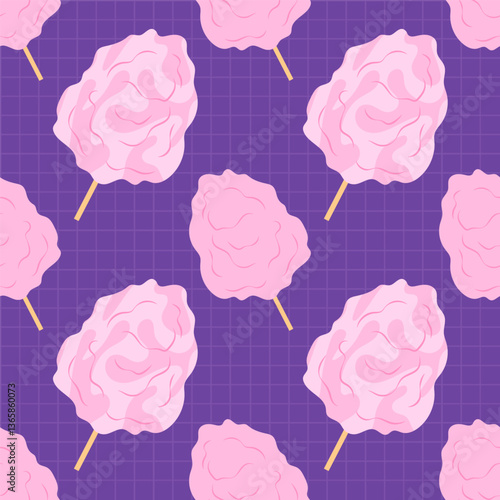 Seamless pattern with pink cotton candy on purple background. Perfect for textiles, packaging, wallpapers, postcards or covers.