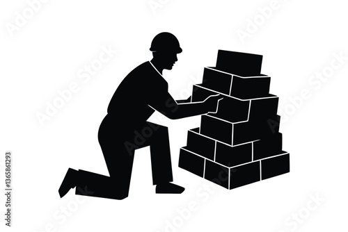 Silhouette art illustration of a bricklayer stacking bricks.eps