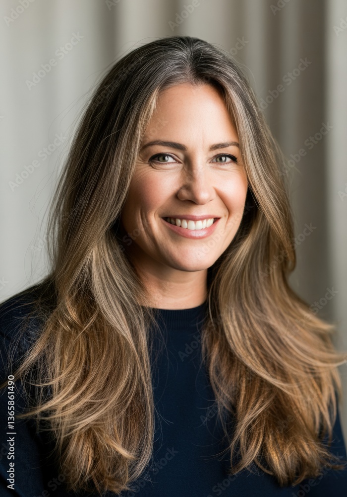 Smiling woman with long, flowing hair and a warm expression Smiling woman with long, flowing hair and a warm expression