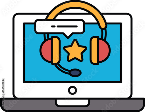 A laptop screen with a headset and a star on it
