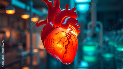 A biomechanical human heart grown in a laboratory, glowing softly with artificial veins