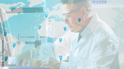 In lab, scientist analyzing global network map with animation and location markers