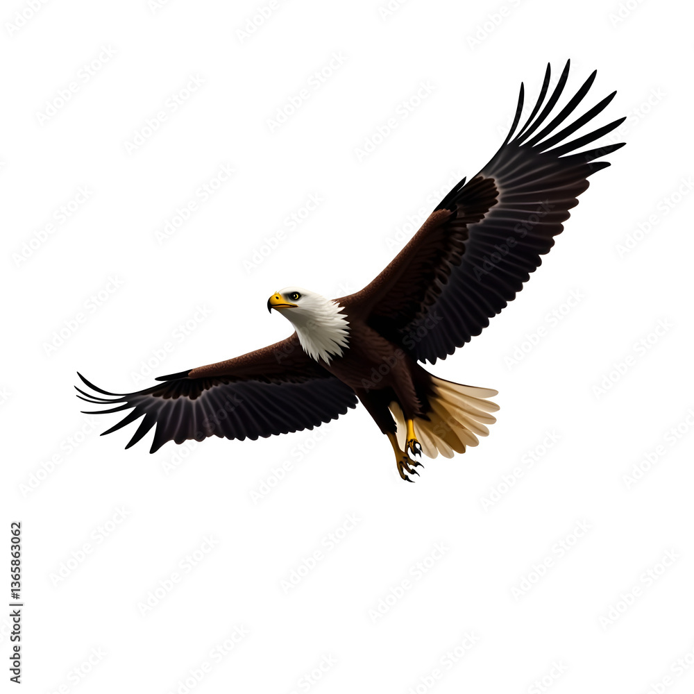 Naklejka premium A powerful eagle soaring with its wings fully extended, symbolizing freedom, strength, and nature’s wild beauty, realistic detail on white background.