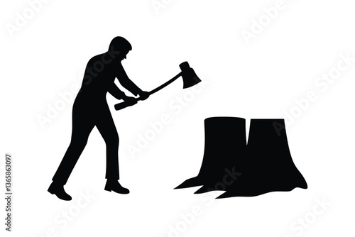 Silhouette art illustration of a lumberjack swinging an axe at a tree stump.eps
