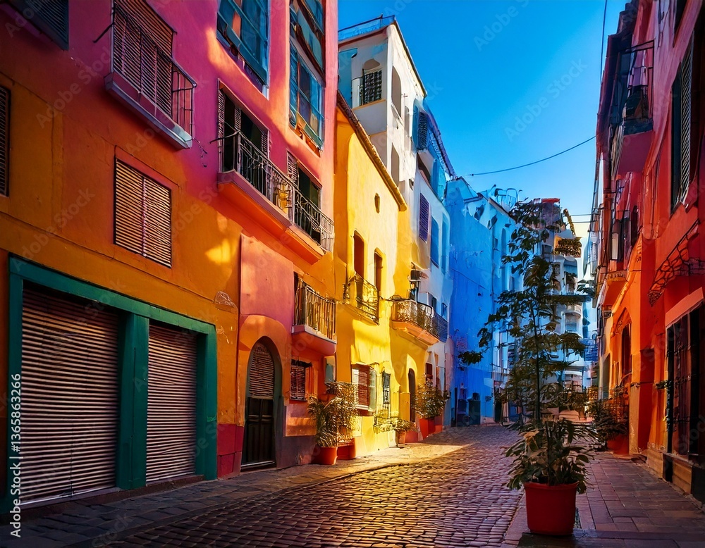 Fototapeta premium Vibrant street scene with bold colored architecture