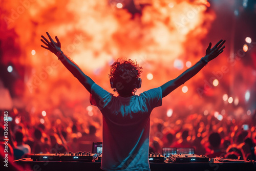 DJ with raised arms at concert, lights flashing, crowd excited, music blaring, capturing high energy vibe.