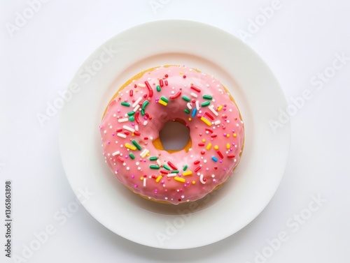 A Sweet Delight: a single pink frosted donut, adorned with colorful sprinkles, rests elegantly on a pristine plate, offering a delectable visual treat.