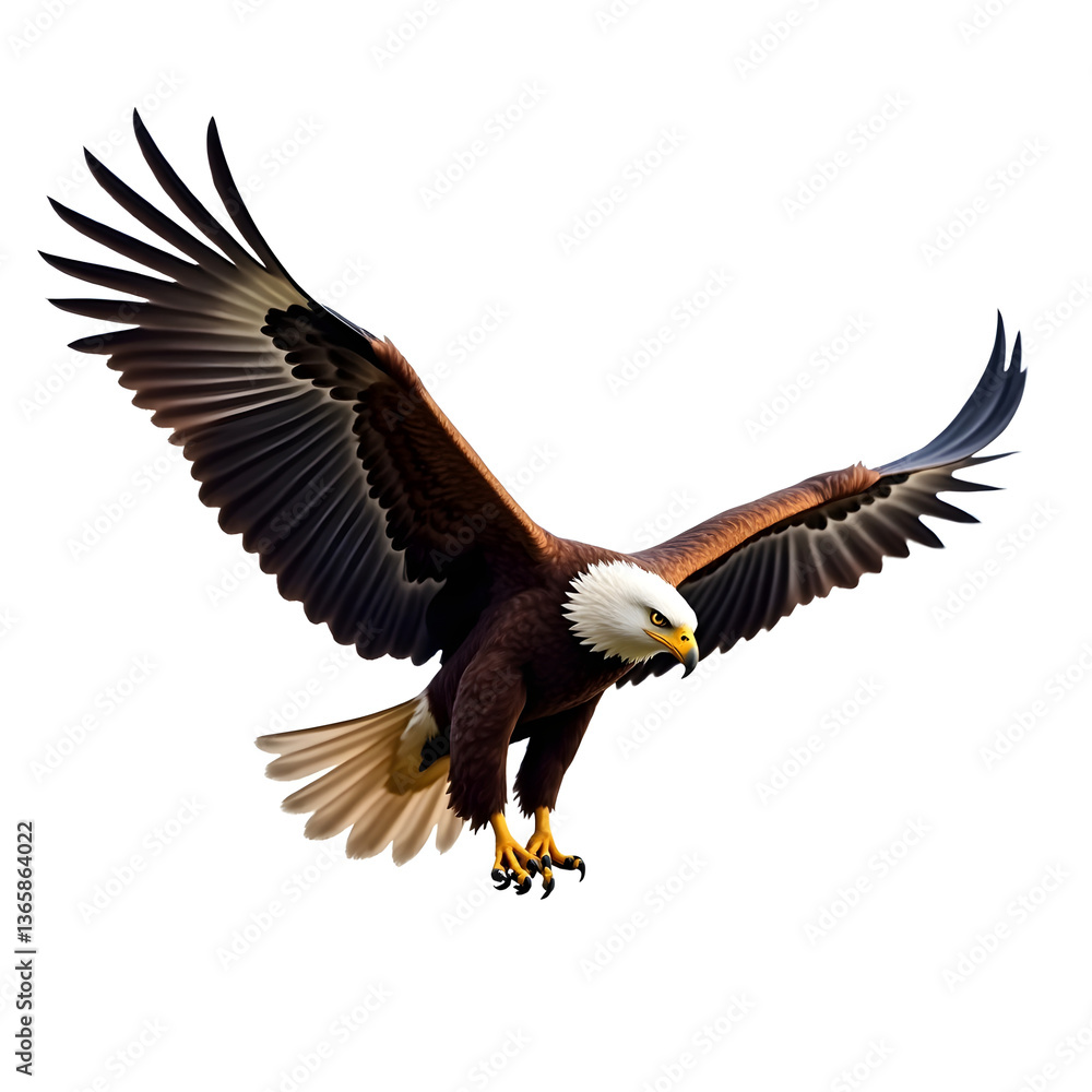 Fototapeta premium A powerful eagle soaring with its wings fully extended, symbolizing freedom, strength, and nature’s wild beauty, realistic detail on white background.