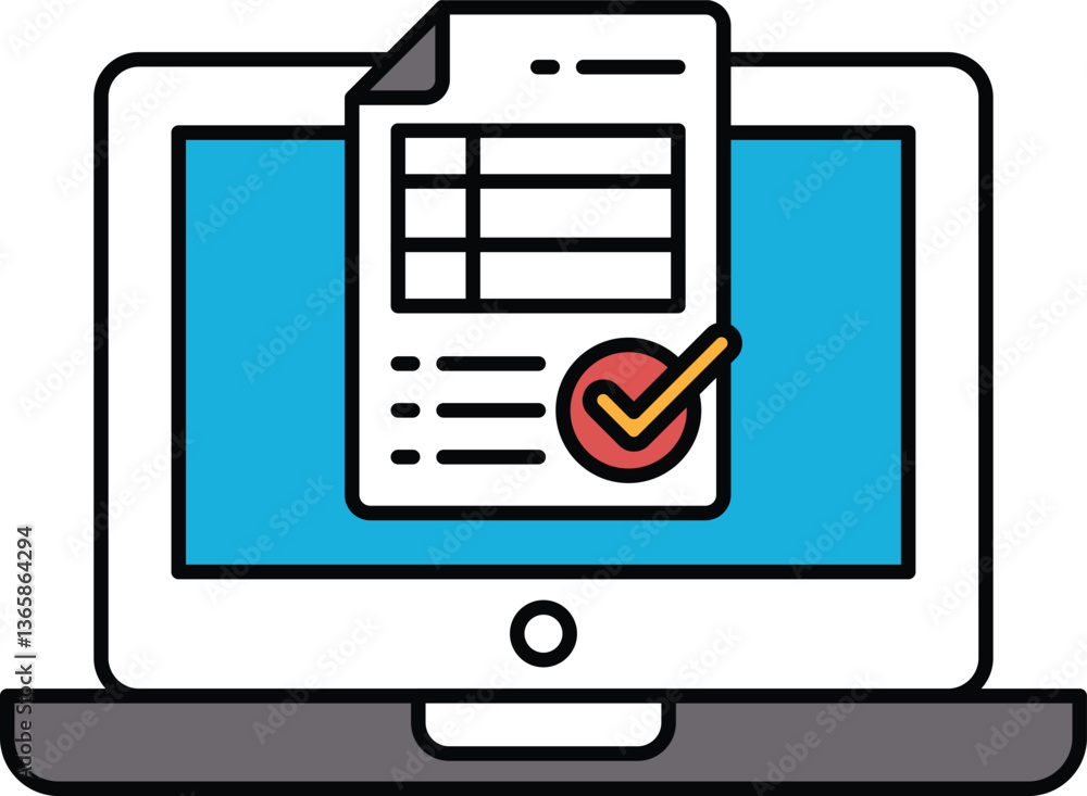A laptop screen shows a check mark on a piece of paper A laptop screen shows a check mark on a piece of paper