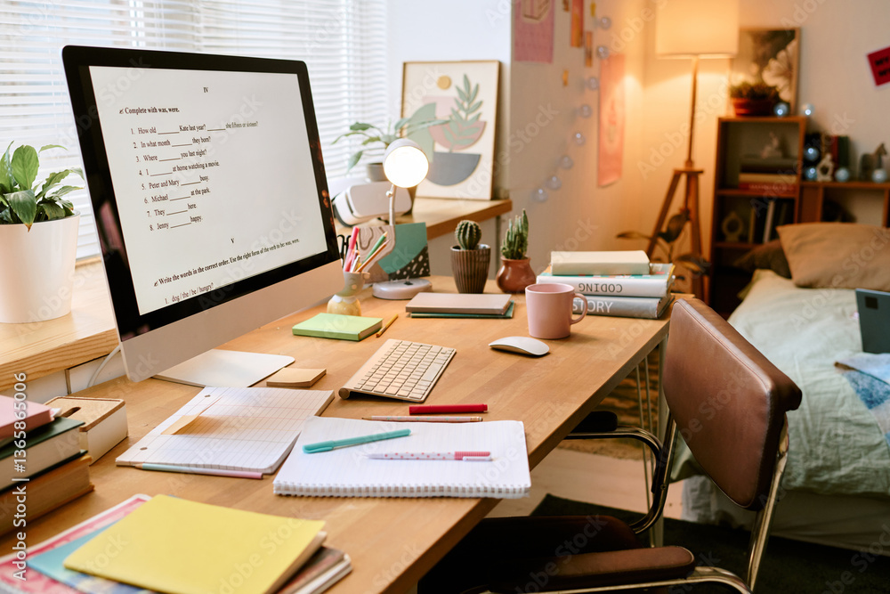 Workspace featuring modern computer, notes, and books, set in cozy home office. Bed and decorative items in background. Clean and inviting setup Workspace featuring modern computer, notes, and books, set in cozy home office. Bed and decorative items in background. Clean and inviting setup