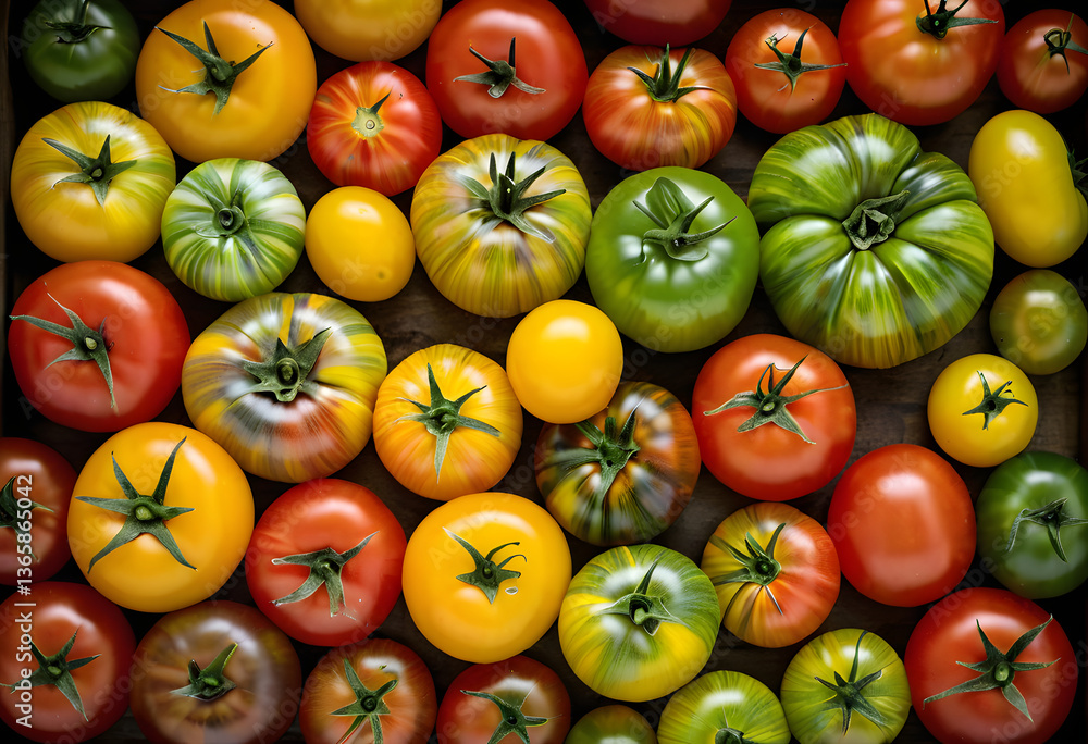 A collection of heirloom tomatoes with green, yellow, and red varieties mixed together. A collection of heirloom tomatoes with green, yellow, and red varieties mixed together.