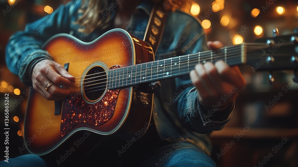 Fototapeta premium Guitarist strums heartfelt tunes under soft lights, crafting a cozy vibe for connection and creativity