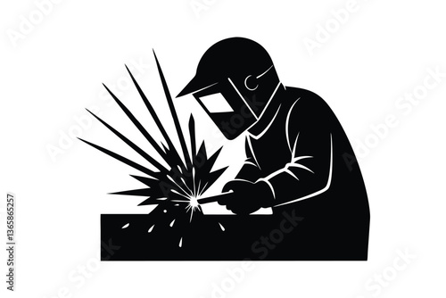 Silhouette art illustration of a welder in action with sparks flying.eps