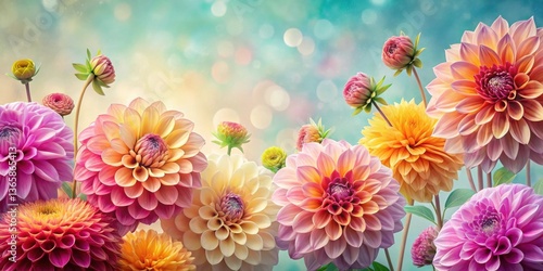 A vibrant collection of pastel dahlia blossoms in full bloom against a soft, blurred background