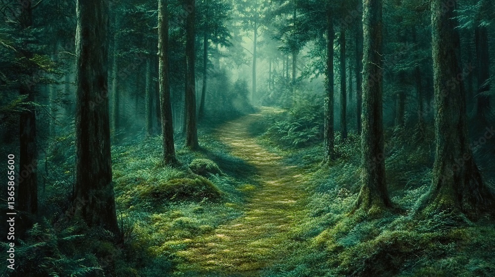 Obraz premium Misty forest path winding through dense trees