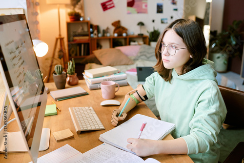 Portrait of teen girl with prosthetic arm gazing at computer screen while studying with focused expression, sitting at desk surrounded by books, notebook, plants, and lit lamp