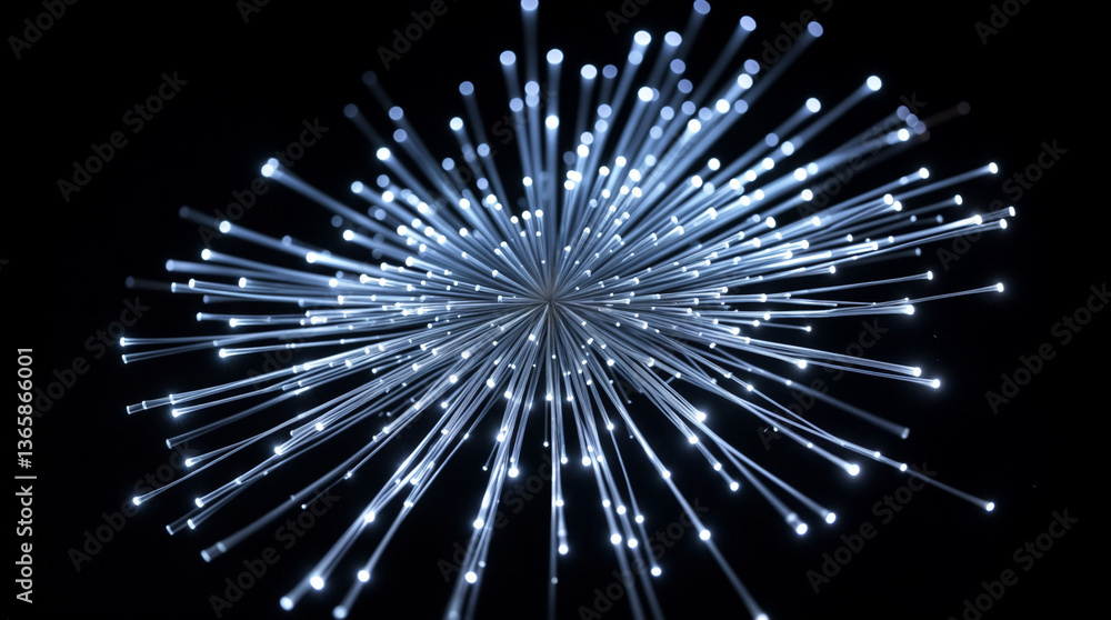 Fototapeta premium Explosion of Blue Optical Fibers Radiating from the Center on a Black Background.