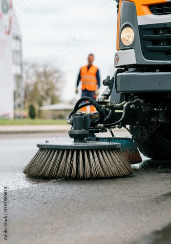 Street sweeper cleaning the road, showcasing urban maintenance and cleanliness
