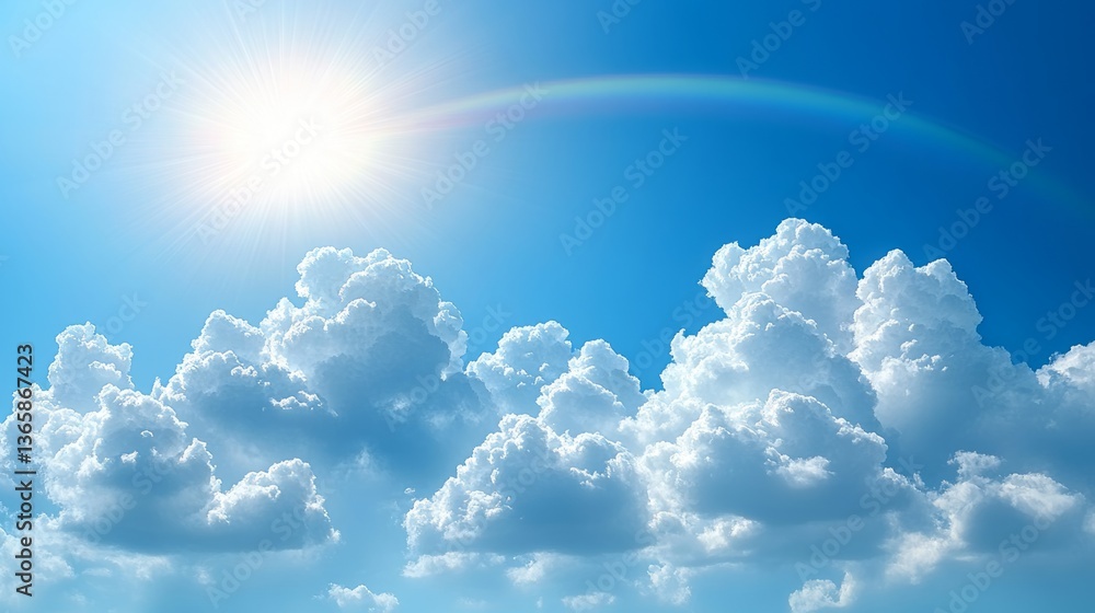 Obraz premium Fluffy clouds bask under bright sunlight, showcasing a colorful rainbow against a serene blue backdrop