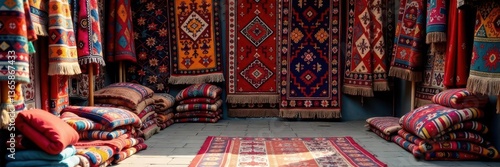 Vibrant Uzbek rugs & tapestries overflow a market stall , pattern, background
