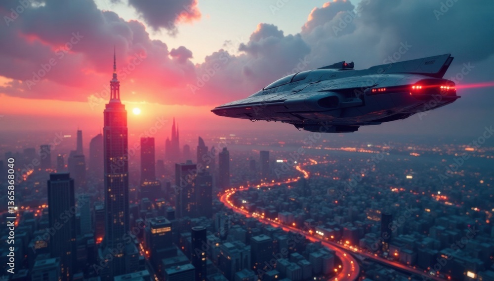 Spacecraft hovering above futuristic cityscape at dusk, cityscape, futuristic, neon Spacecraft hovering above futuristic cityscape at dusk, cityscape, futuristic, neon
